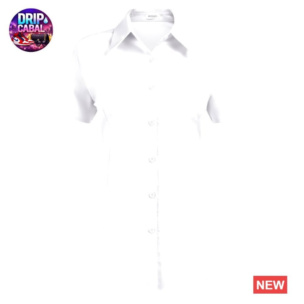 Stretchy Button Down Shirt Short Sleeve Collared Blouse Work Chic Classic